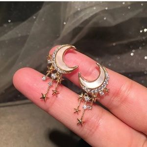 Crystal Star & Crescent Moon Gold-tone Dangle Boho, Hippie, Celestial Earrings
